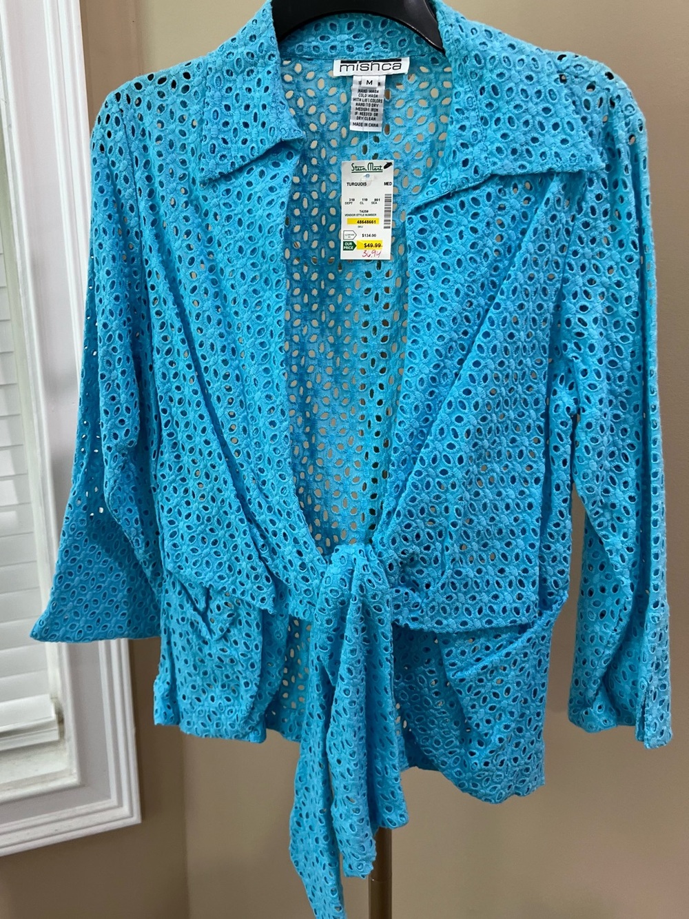 Misnca Eyelet Tie-Front Jacket in Bright Turquoise